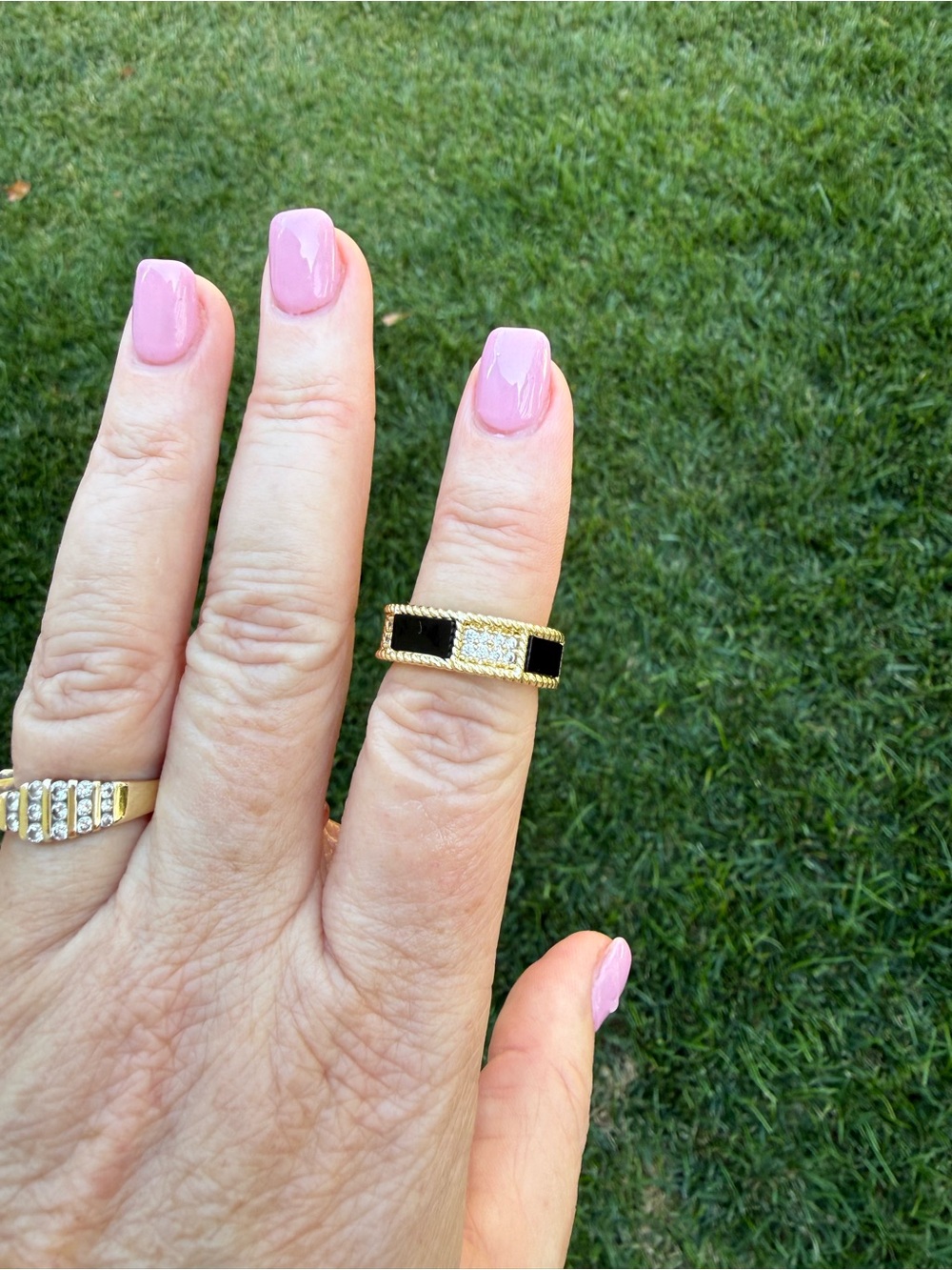 Gold with black enamel and CZ stone ring, size 7
